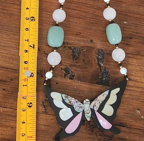 Lee Sands Vintage Inlay Elegant Butterfly Necklace with Pink and Green Accents - Picture 7 of 10